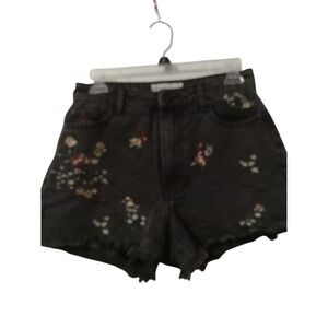 Banjara Floral Embroidered Denim Shorts Black Frayed Hem Boho Festival Size 5 26